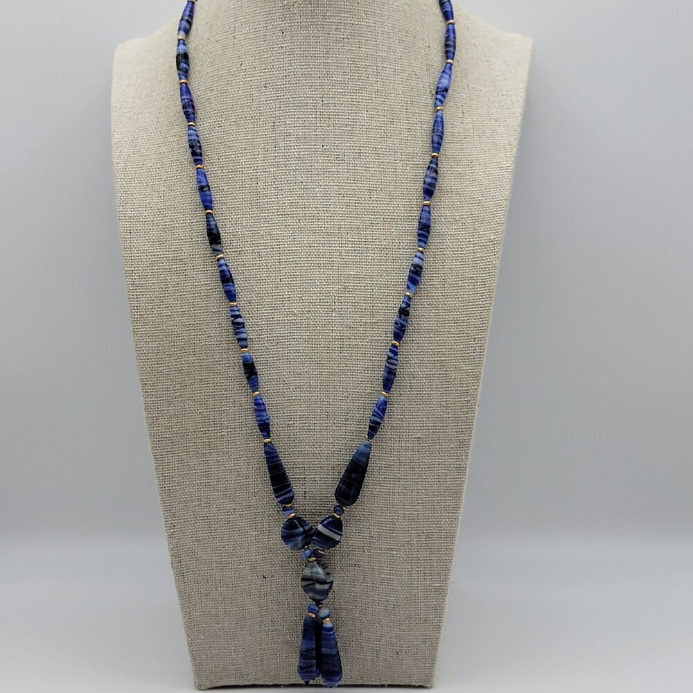 Vintage Blue Banded Venetian Glass Pendant Beaded Necklace 23 Inch Barrel Clasp